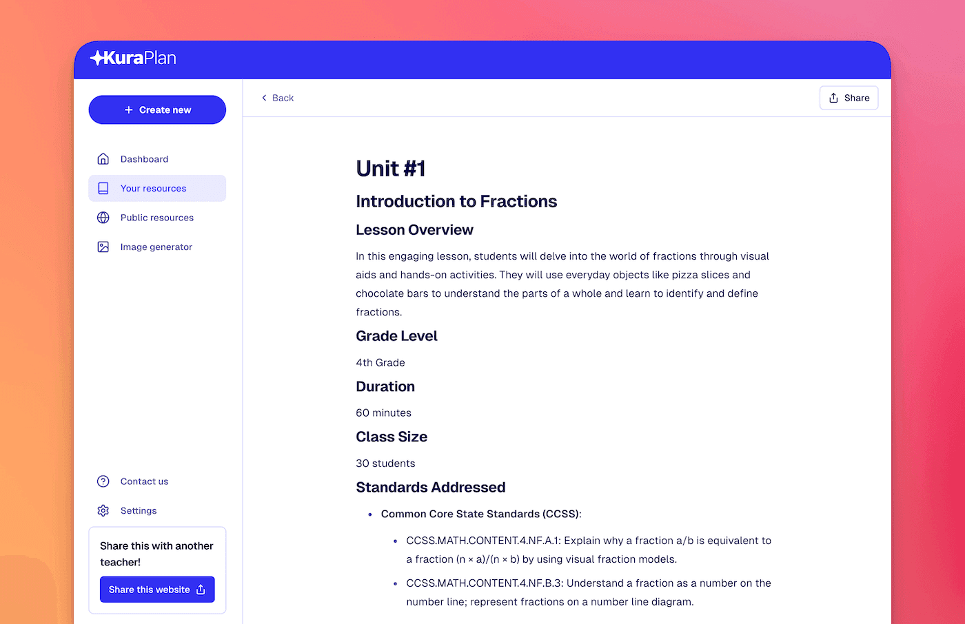 An image of the first lesson in the unit, with the full lesson plan outline generated by Kuraplan