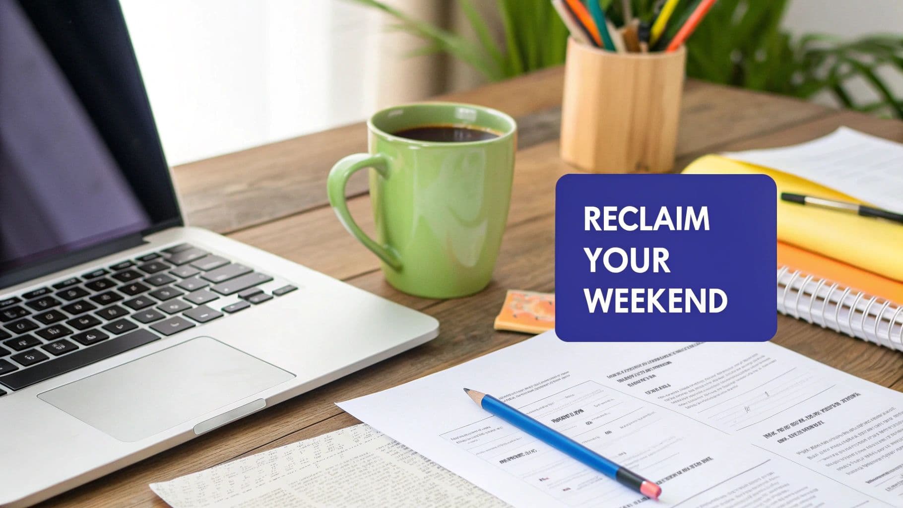 A wooden desk with a laptop, green coffee mug, papers, and a 'Reclaim Your Weekend' sign.