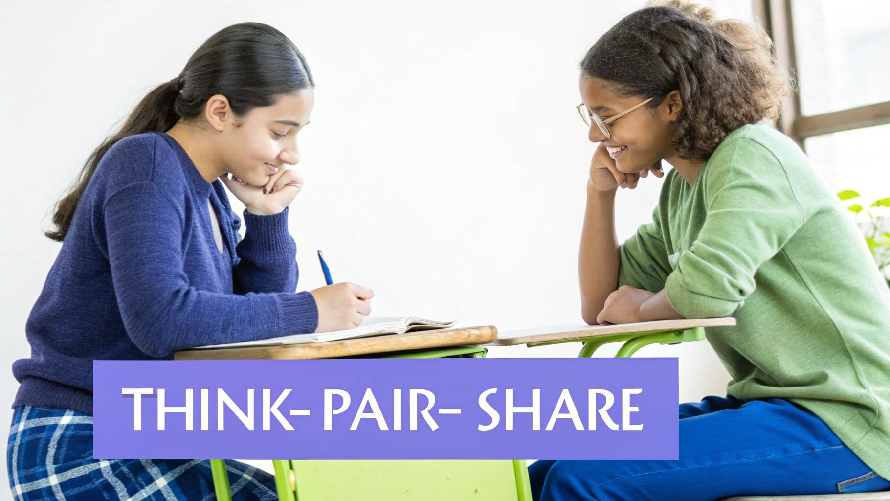 Two smiling students collaborating at desks, one writing, illustrating a 'Think-Pair-Share' activity.