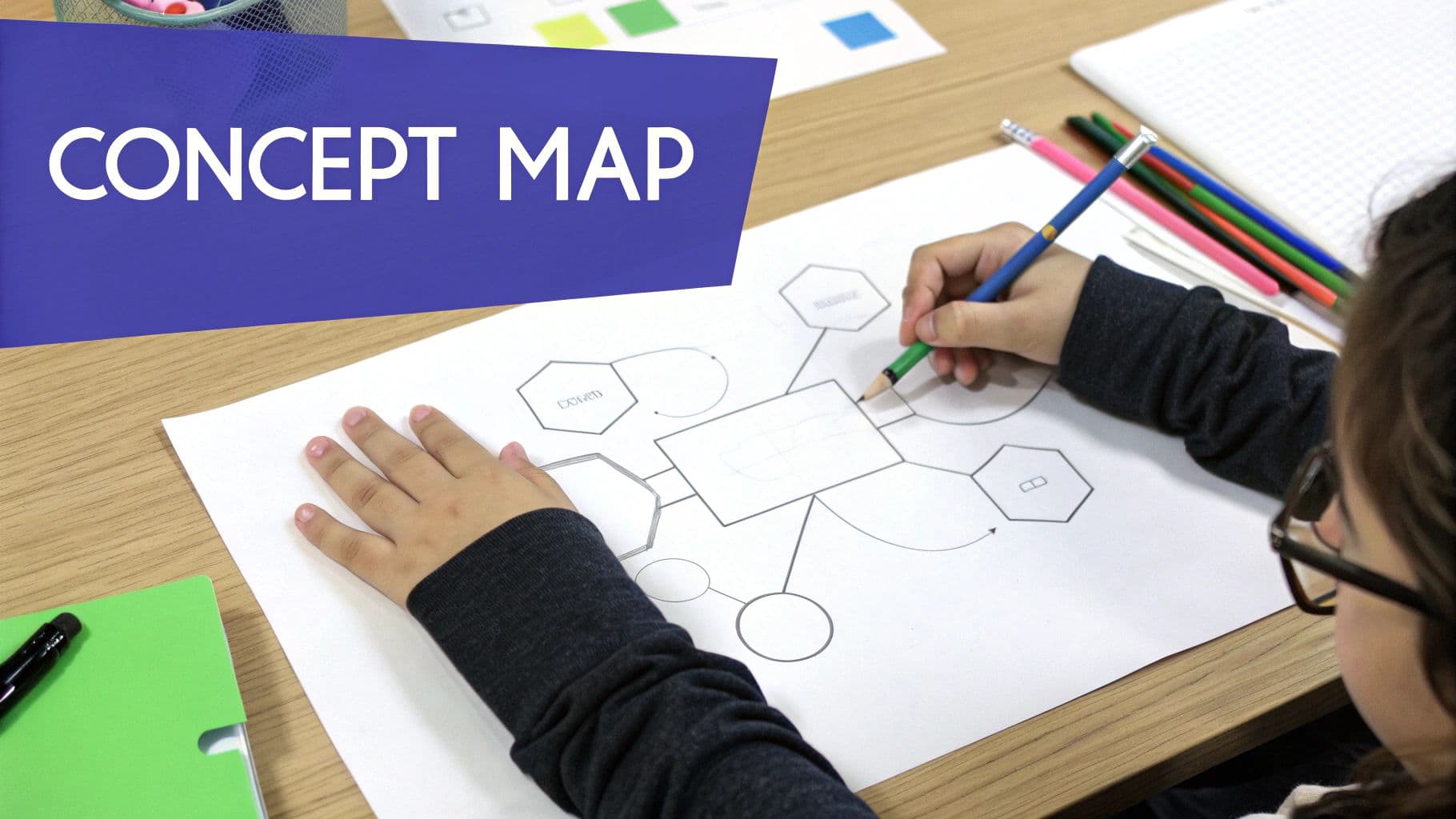 A student draws a concept map with a pencil, illustrating ideas and connections on paper.