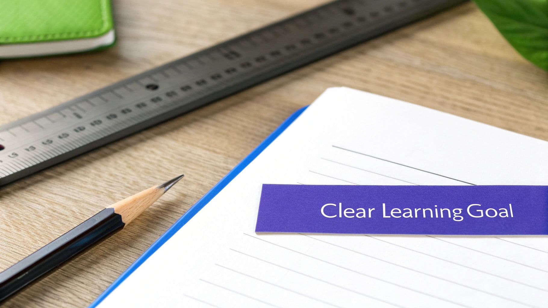 A desk with a notebook, pencil, ruler, and a purple note saying 'Clear Learning Goal'.