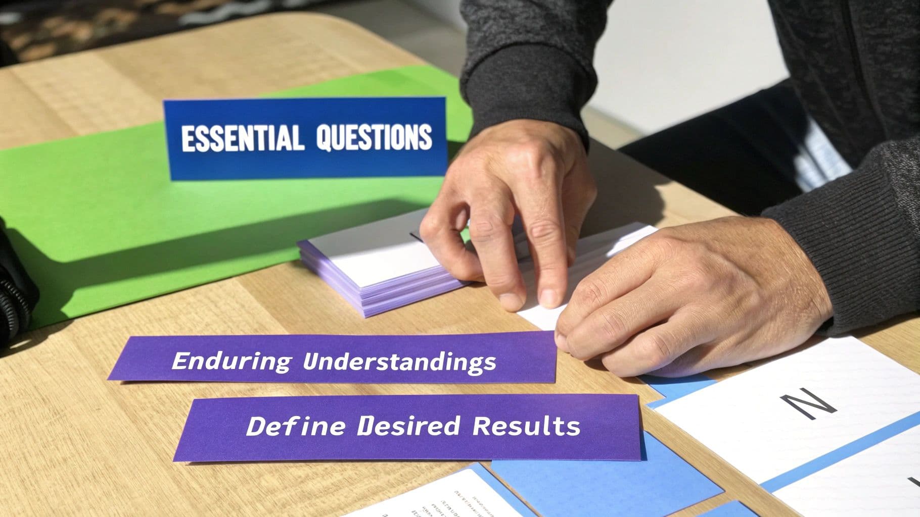 A person's hands arrange educational cards on a table with 'Essential Questions' and 'Enduring Understandings'.