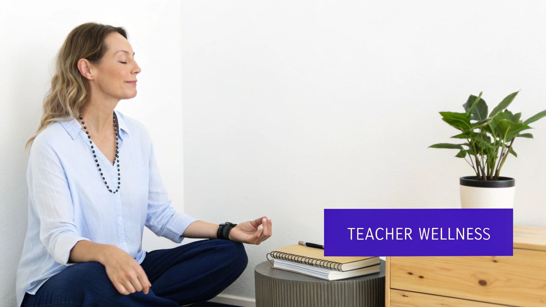 A woman meditating with closed eyes and a calm expression, wearing a light blue shirt and black necklace, beside a notebook and a plant, with 'TEACHER WELLNESS' text.