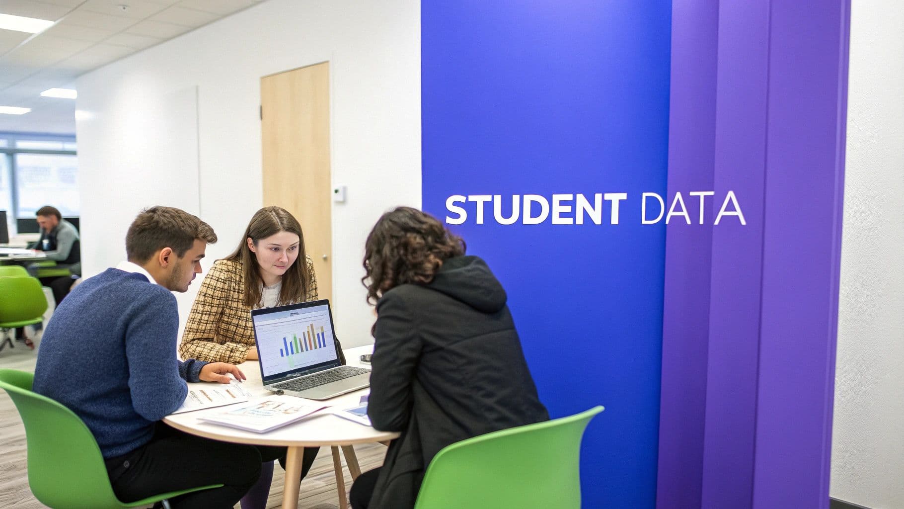 Three students analyze data on a laptop, collaborating at a table with a 'STUDENT DATA' banner.