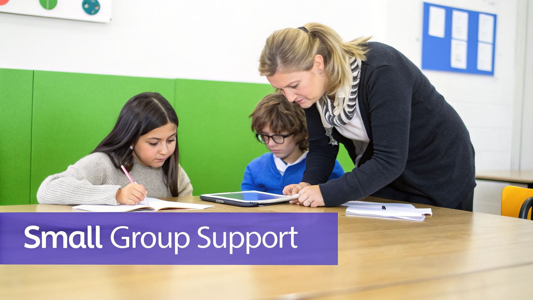 A teacher offers small group support to two students, one writing in a notebook and another using a tablet.
