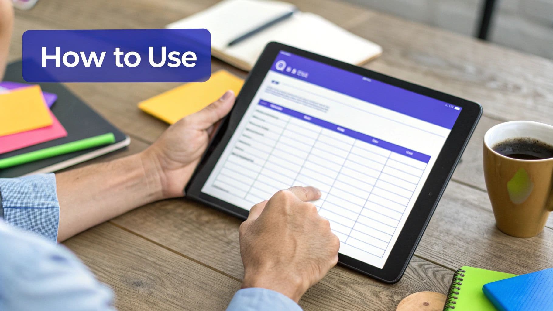 Person using a tablet showing a structured form, with 'How to Use' text, notebooks, and coffee on a wooden desk.