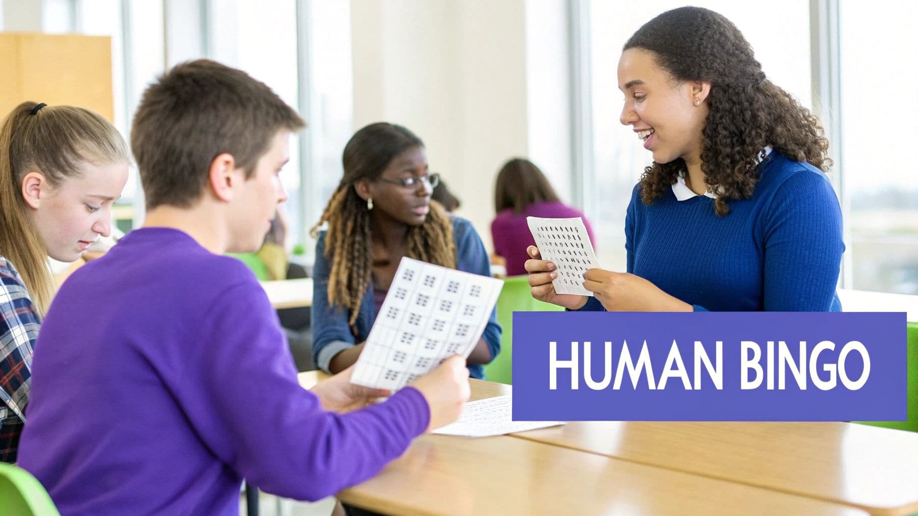 Diverse students joyfully play Human Bingo, an icebreaker activity in a modern classroom.