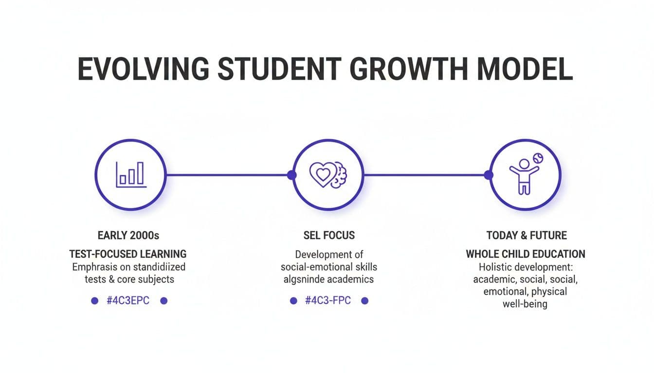 A timeline graphic illustrates the evolving student growth model from test-focused learning to whole child education.