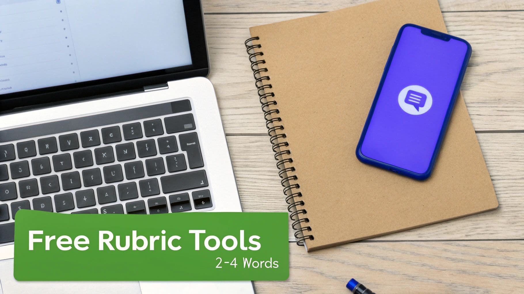 A flat lay shows a laptop, spiral notebook, and smartphone with a chat icon on a wooden desk, emphasizing free rubric tools.