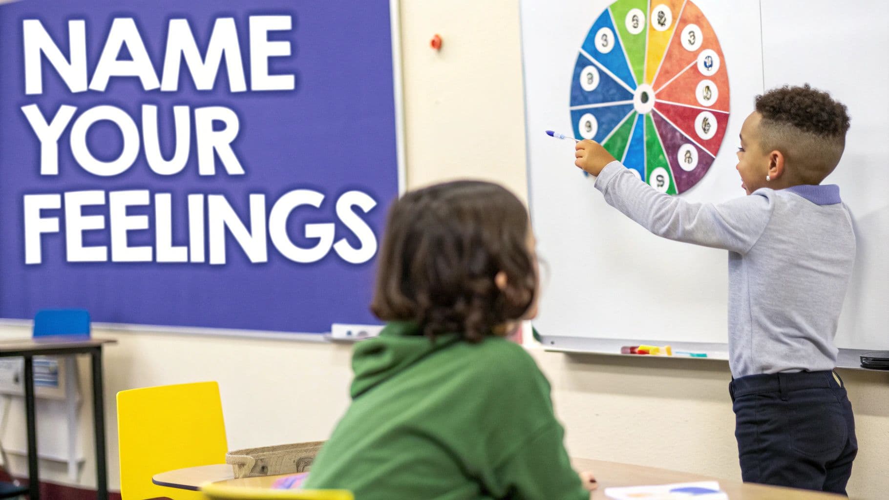 A young child points to a colorful feelings wheel on a whiteboard in a classroom with a 'NAME YOUR FEELINGS' banner.