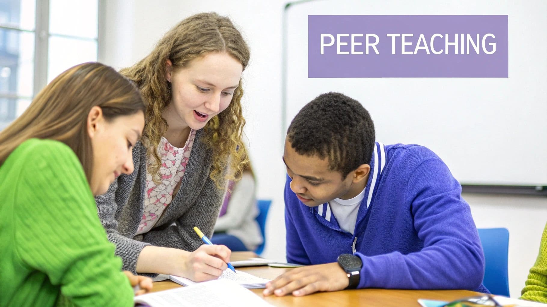 Three diverse young adults engaged in peer teaching and collaborative learning at a desk.