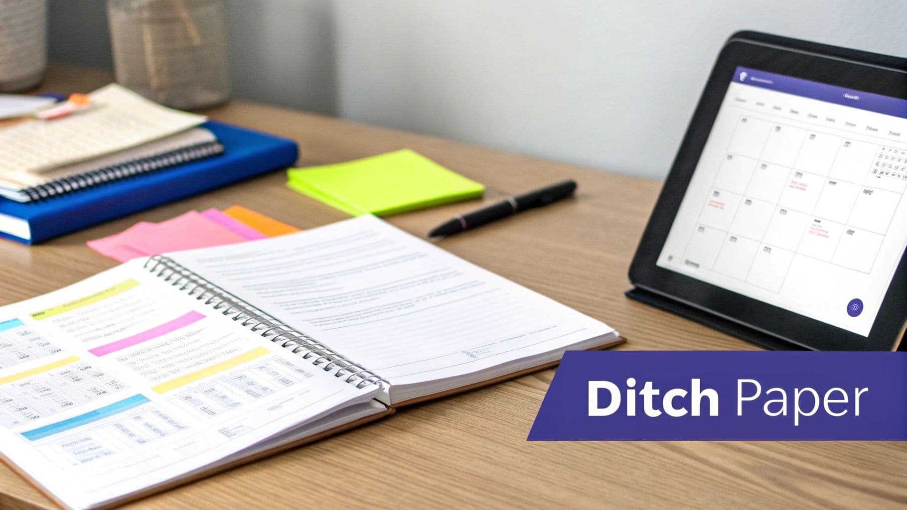 A desk setup featuring notebooks, sticky notes, a pen, and a tablet displaying a calendar application, with a banner that reads "Ditch Paper."