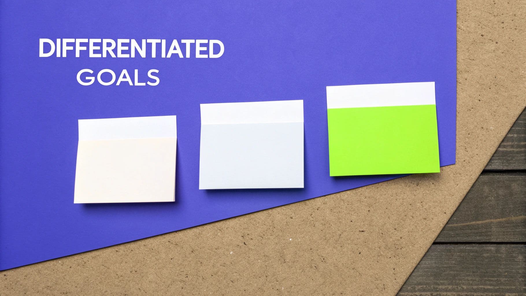 Three sticky notes (yellow, white, green) on blue paper next to 'DIFFERENTIATED GOALS' text.