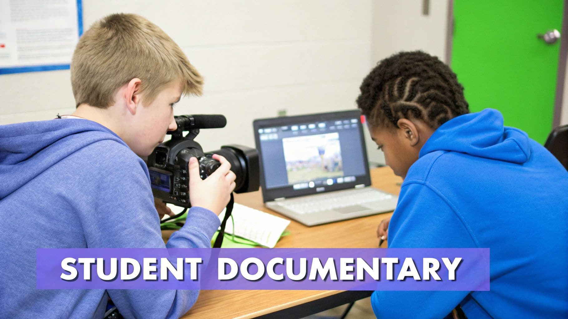 Two students collaborate on a project, one filming with a camera while the other uses a laptop for editing.