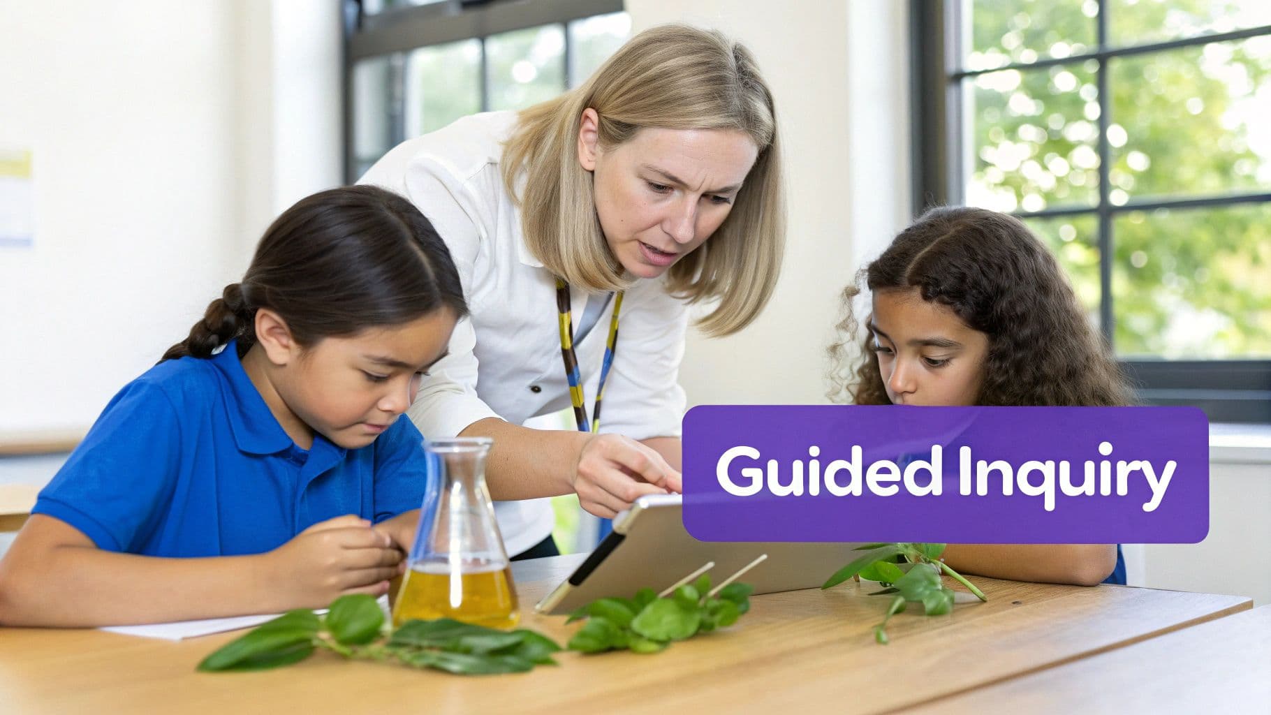 A teacher guides two students during a science lesson, examining plants and using a tablet for inquiry.
