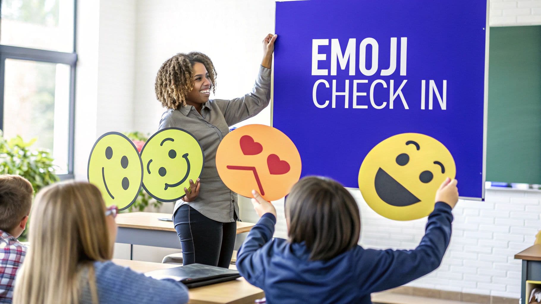A smiling teacher leads an "Emoji Check In" activity with students holding emoji cutouts.