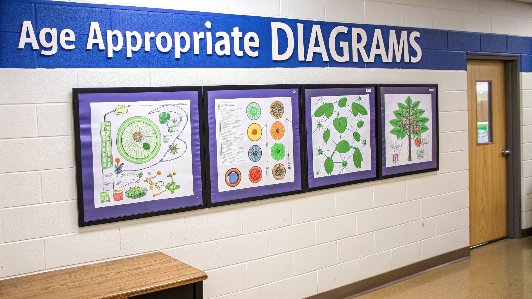 A school hallway features a blue sign 'Age Appropriate DIAGRAMS' above four framed scientific plant and cell diagrams.