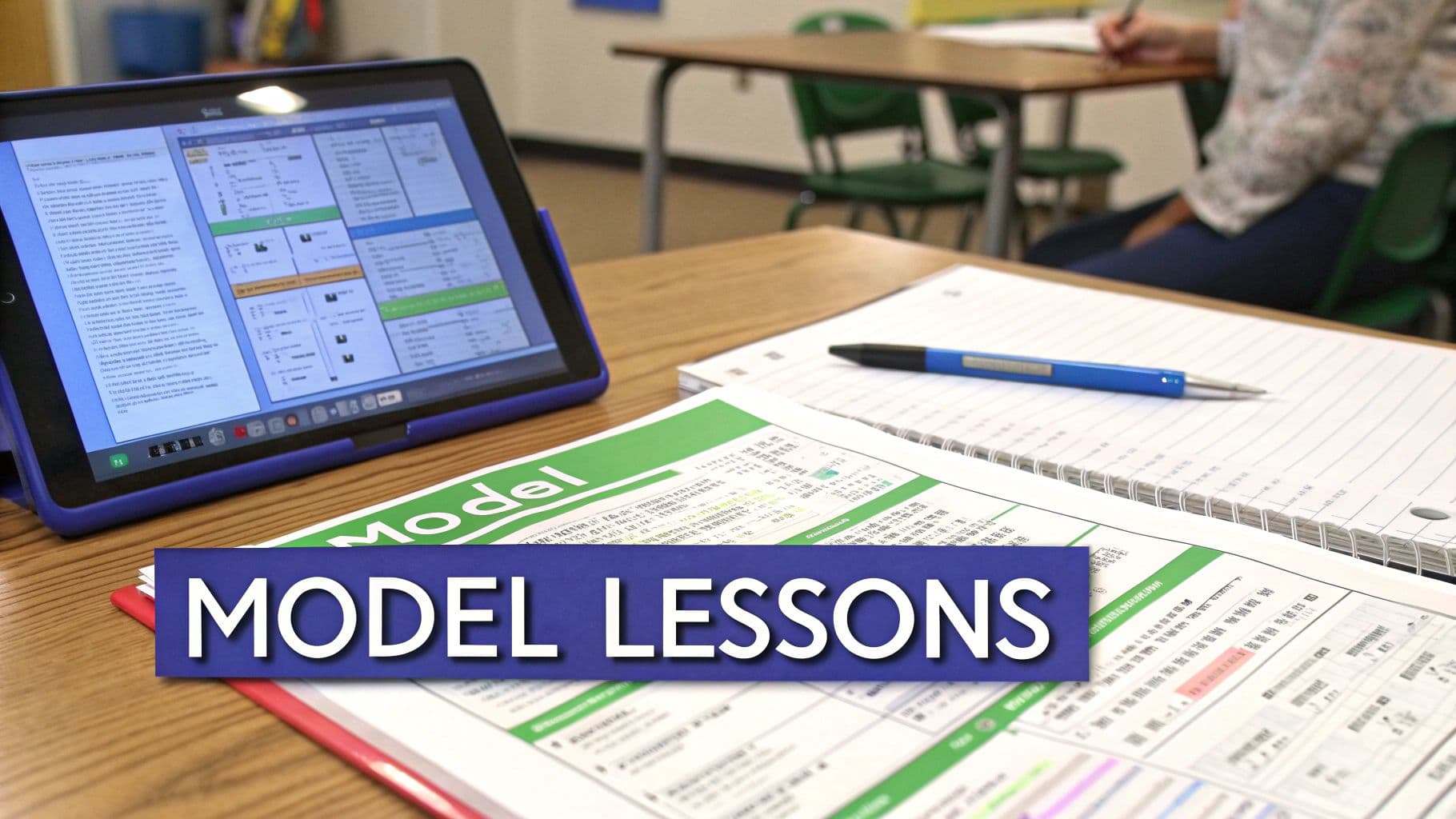 A classroom desk with a tablet displaying digital content and physical lesson plans with a notebook and pen.