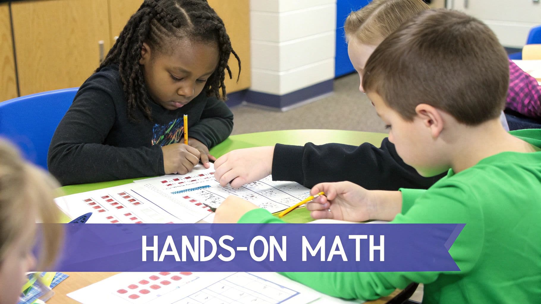 Diverse elementary students engaged in a hands-on math lesson at a classroom table.