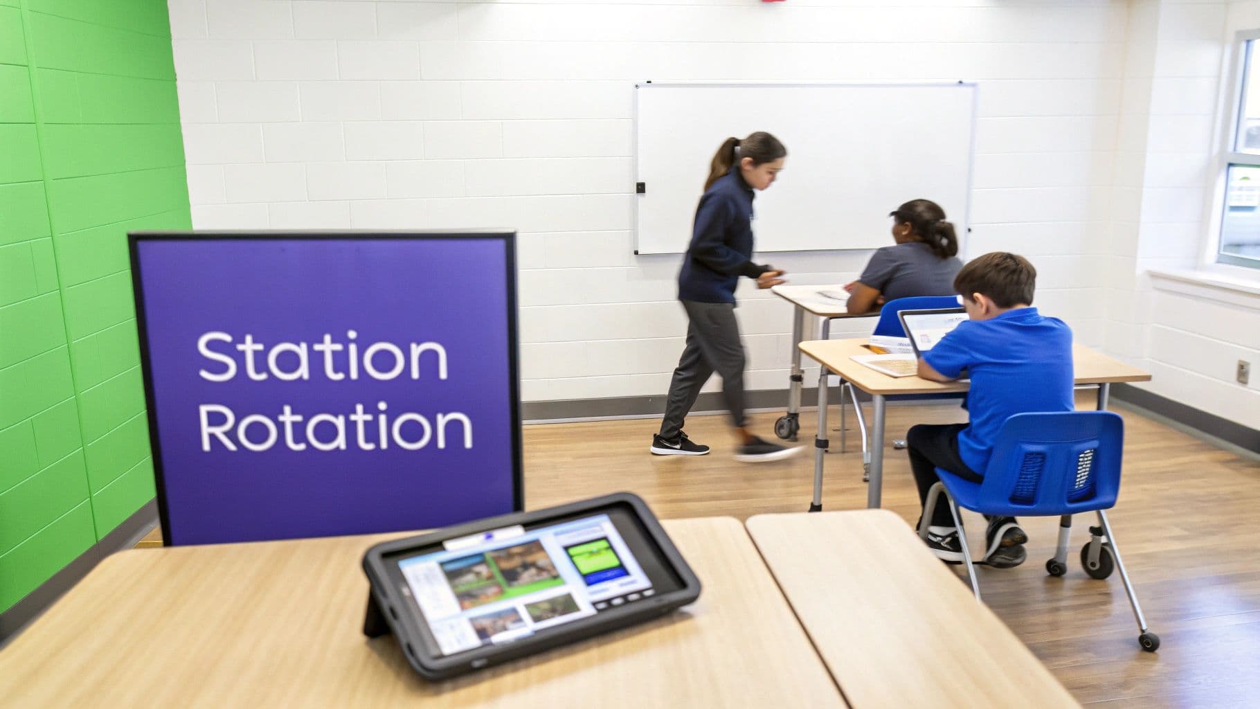 Students engage in various learning activities during a station rotation lesson in a modern classroom.