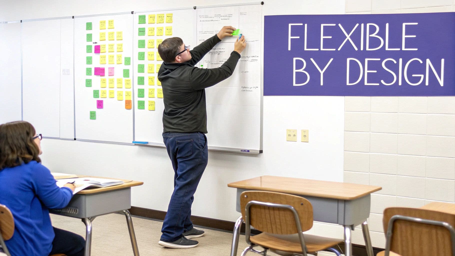 A teacher stands at a whiteboard pointing to different colored sticky notes, illustrating a flexible planning process.