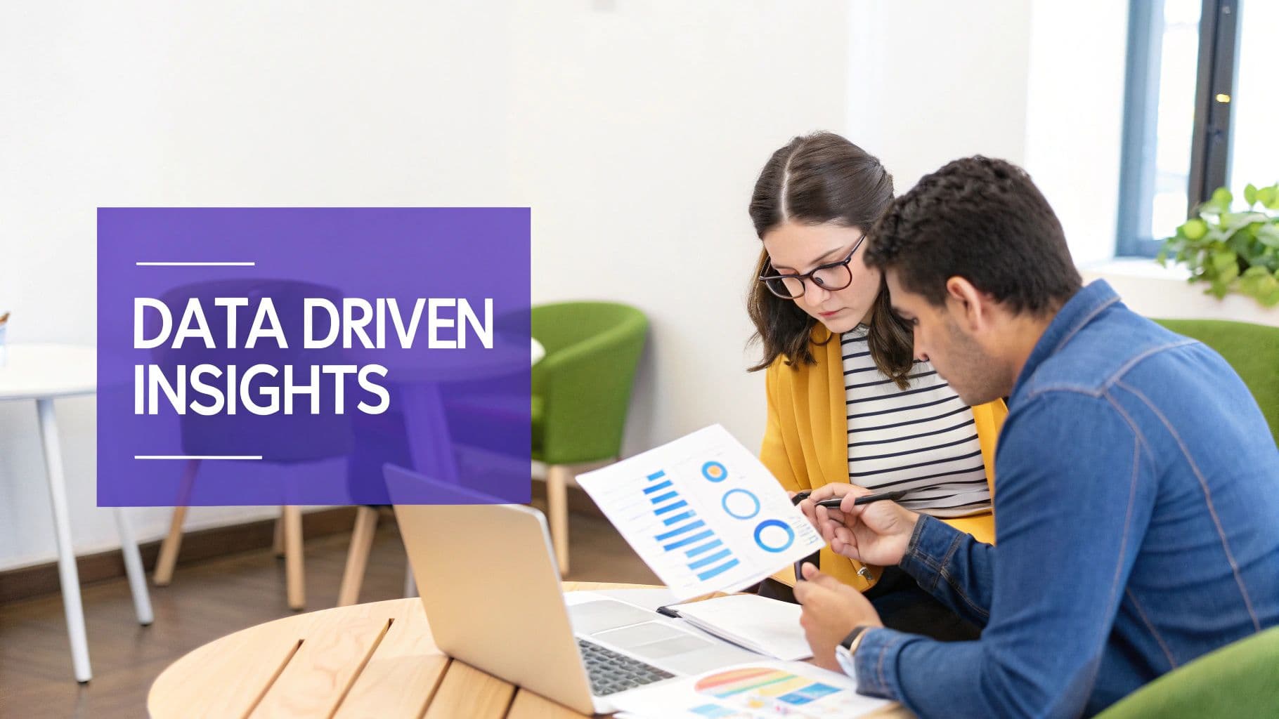Two professionals analyze data charts and a laptop in an office, with 'DATA DRIVEN INSIGHTS' text overlay.
