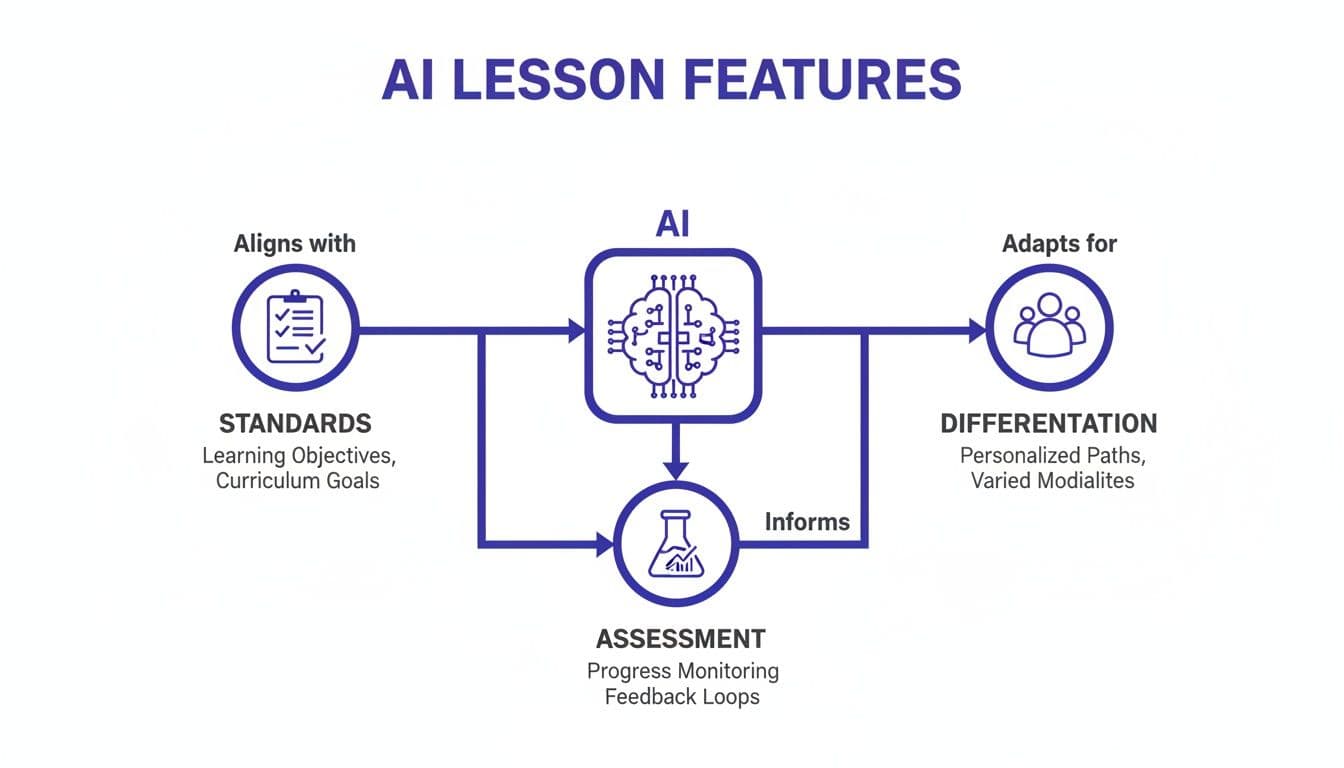 A diagram illustrating AI lesson features, showing AI aligning with standards, adapting for differentiation, and informing assessment.