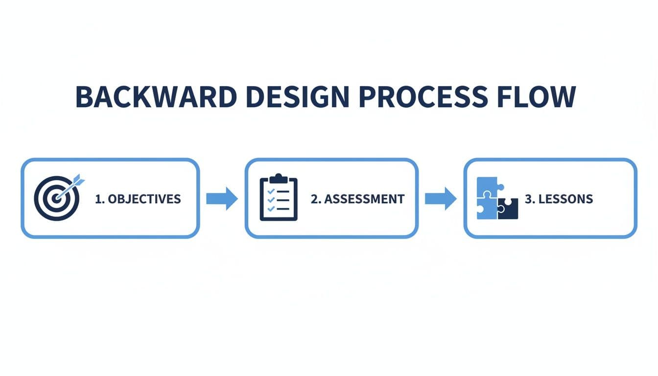 A flow chart illustrating the backward design process with steps: objectives, assessment, and lessons.