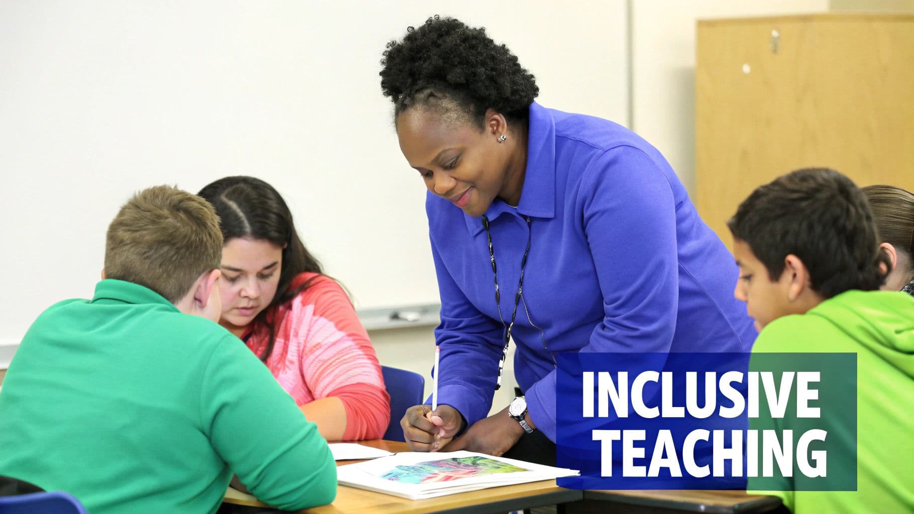 A smiling female teacher in blue helps diverse students at a table, embodying inclusive teaching practices.