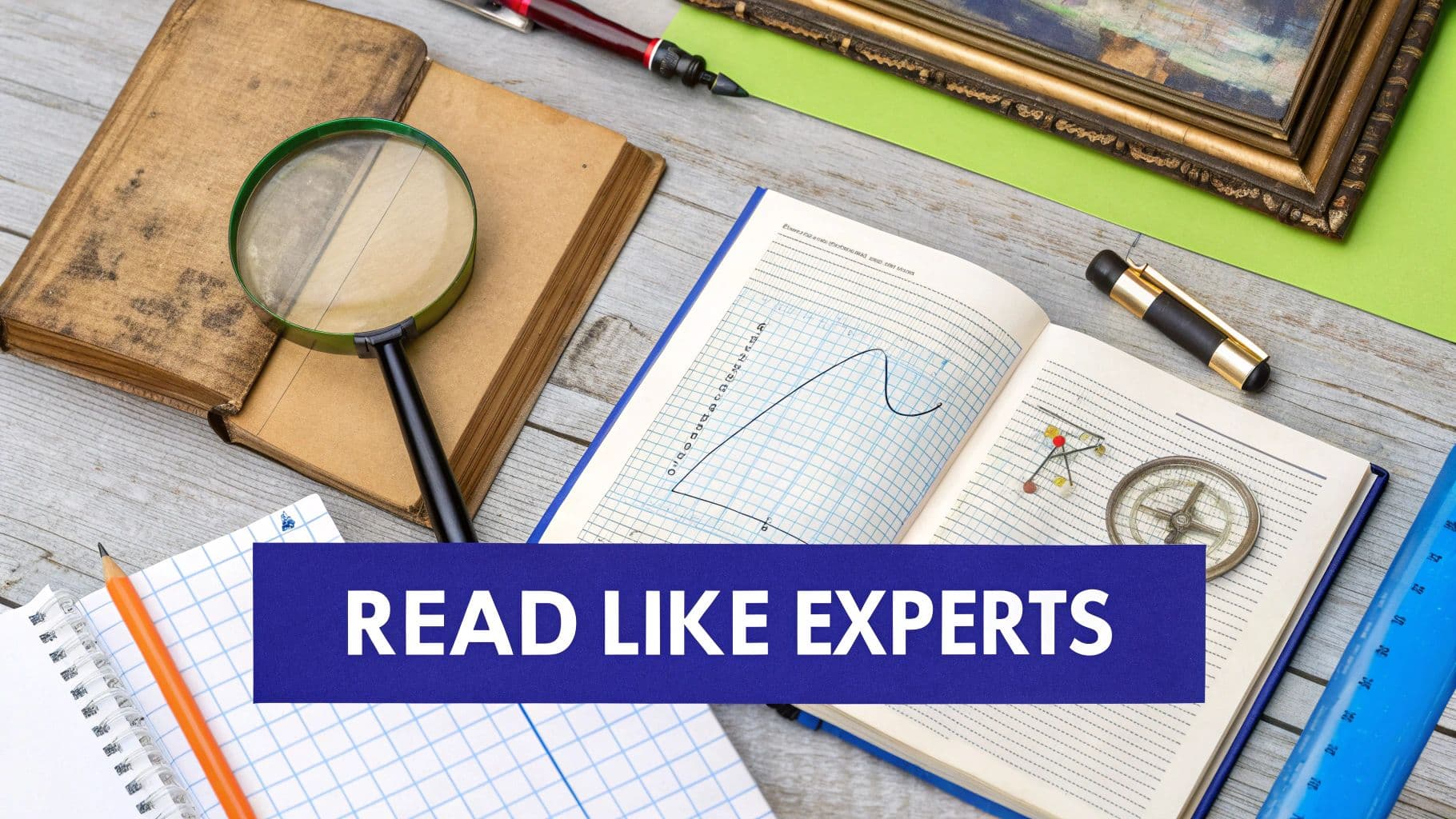 Overhead view of a desk with books, a magnifying glass, compass, and notebooks, with a 'READ LIKE EXPERTS' banner.