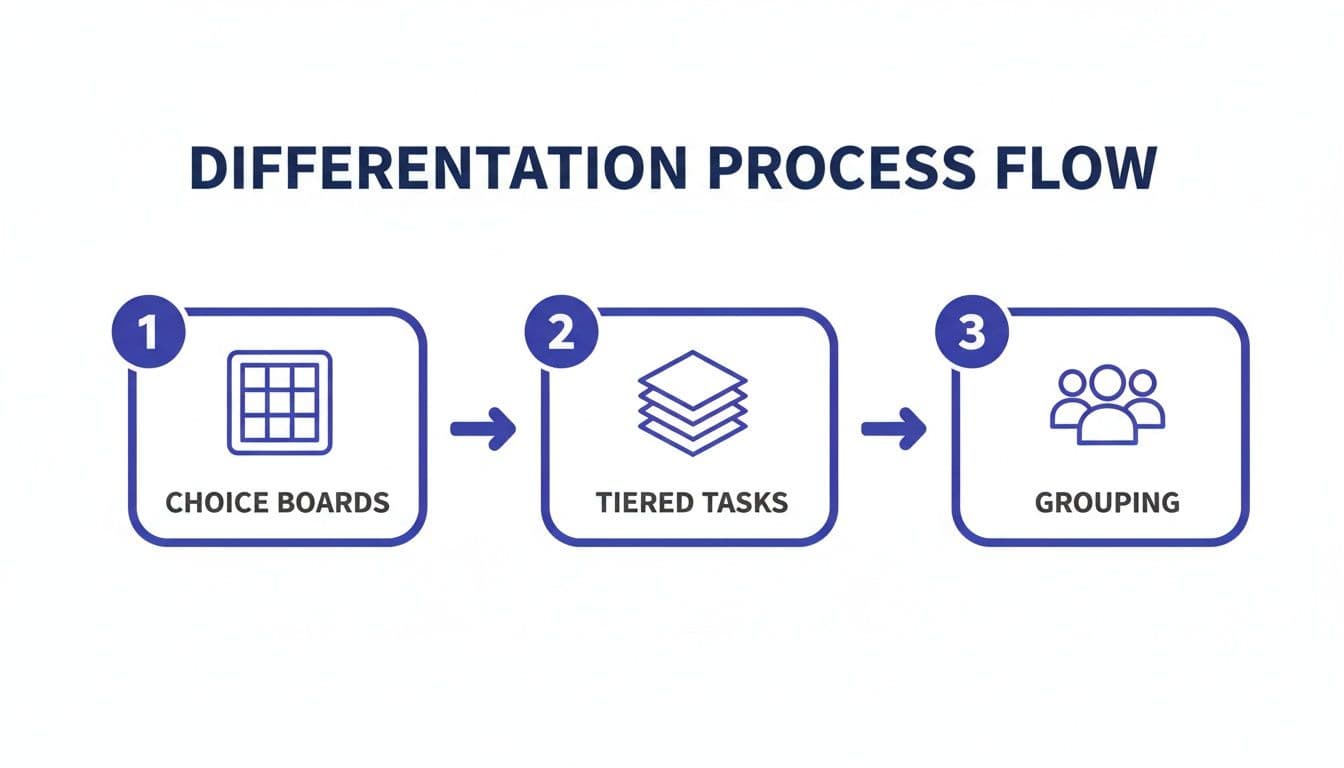 A three-step differentiation process flow diagram detailing choice boards, tiered tasks, and grouping.