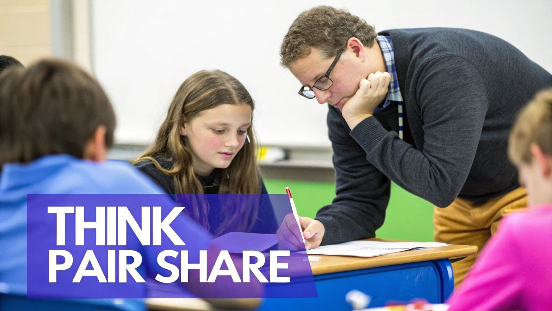 A male teacher with glasses helps a female student with schoolwork in a classroom, with "Think Pair Share" text overlay.