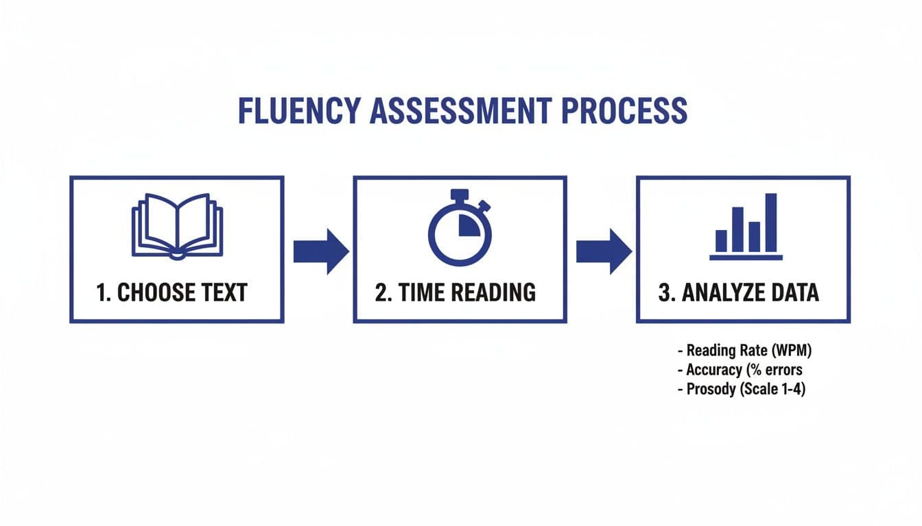 A diagram illustrates the three-step fluency assessment process: choose text, time reading, and analyze data.