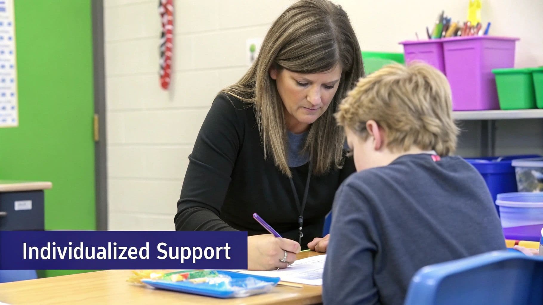 A teacher provides individualized support to a young boy, helping him with schoolwork at a desk.
