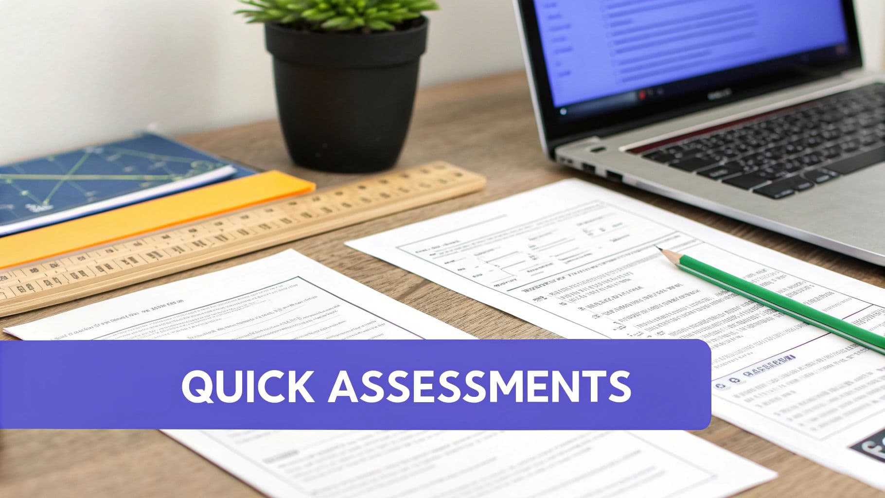A desk with a laptop, documents, rulers, a pencil, and a plant, with 'QUICK ASSESSMENTS' overlay.