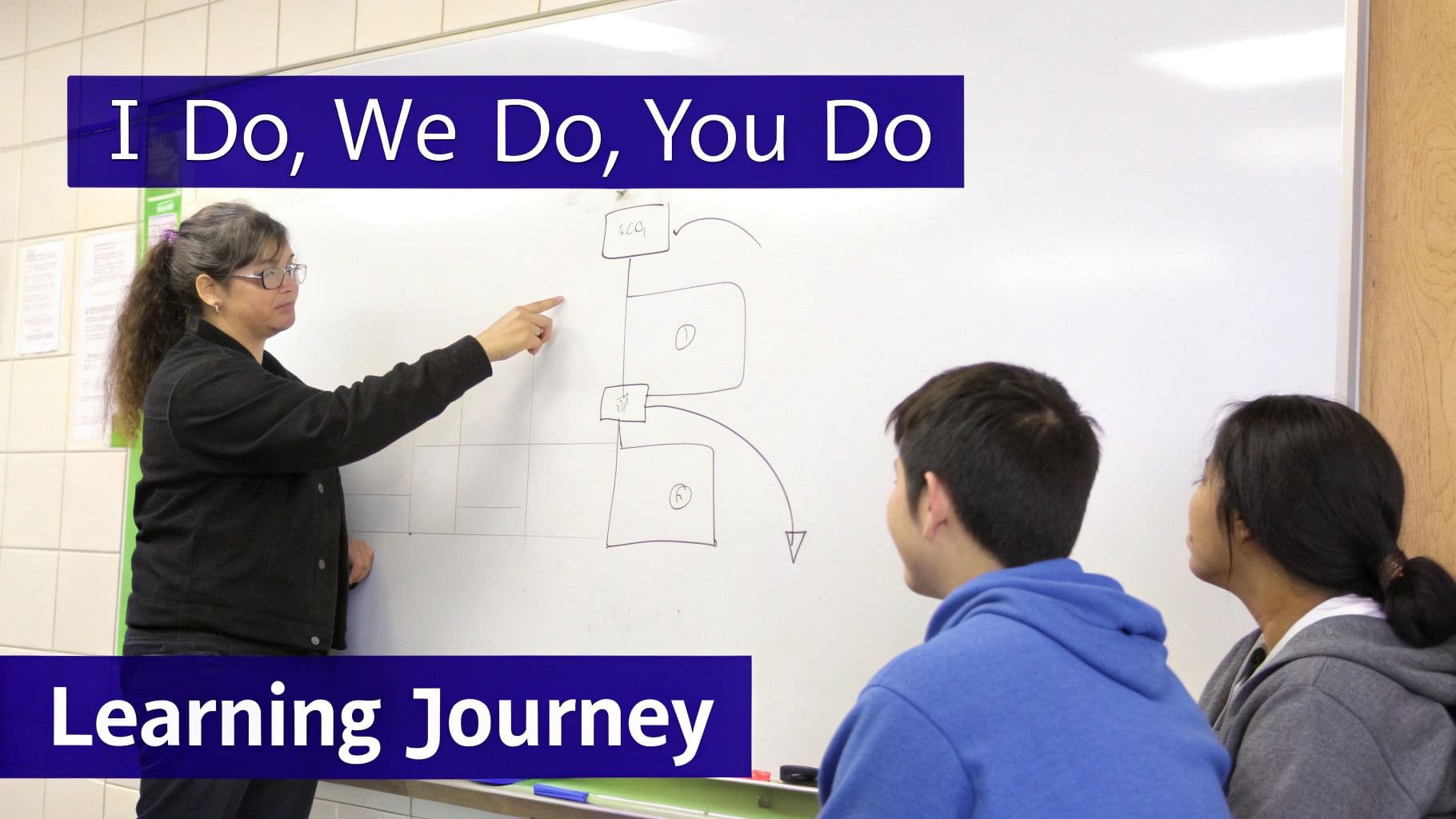 A teacher points to a diagram on a whiteboard, explaining it to two students in a classroom.