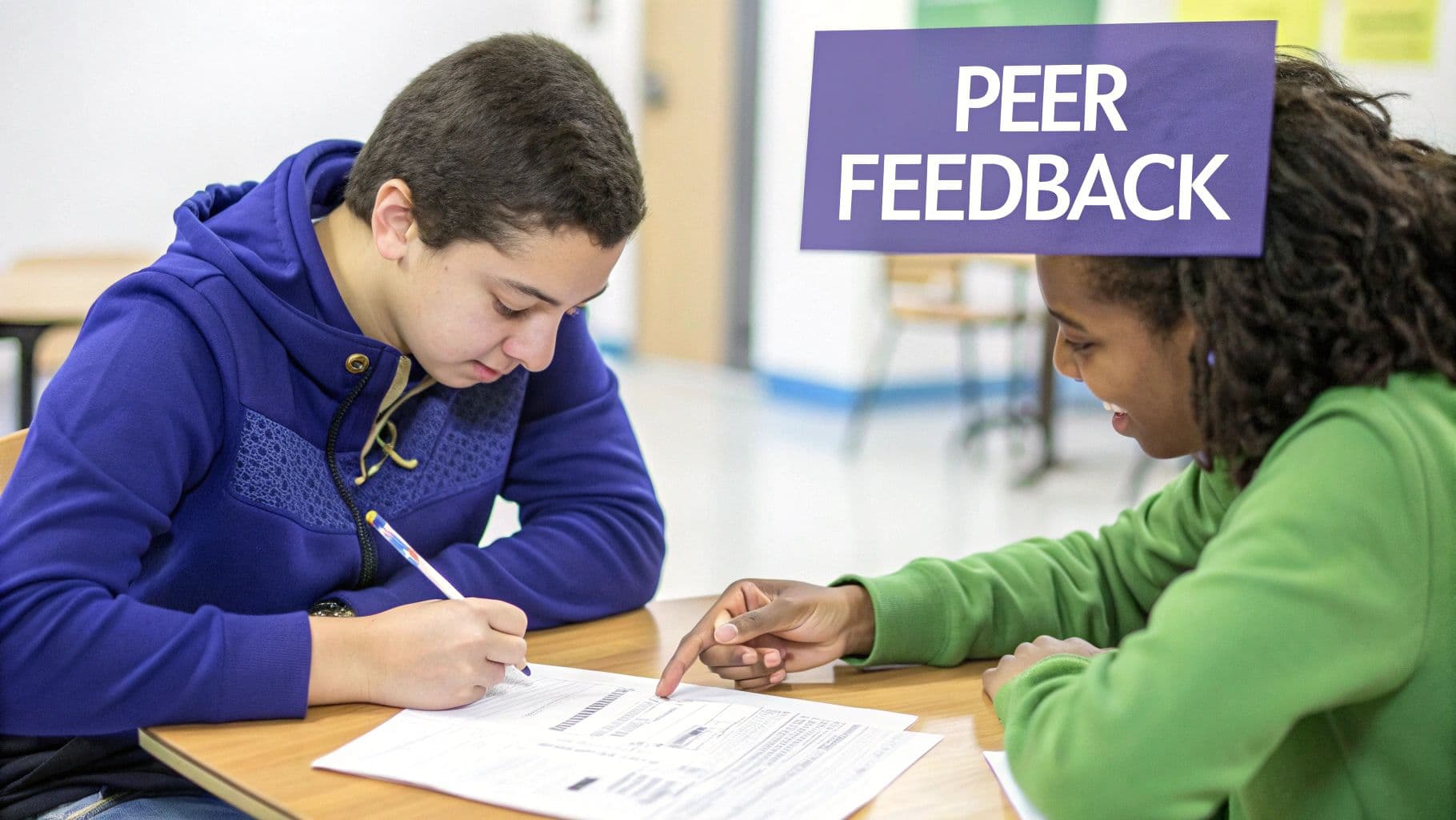 A diverse pair of students collaborating on a document, providing peer feedback in a classroom.