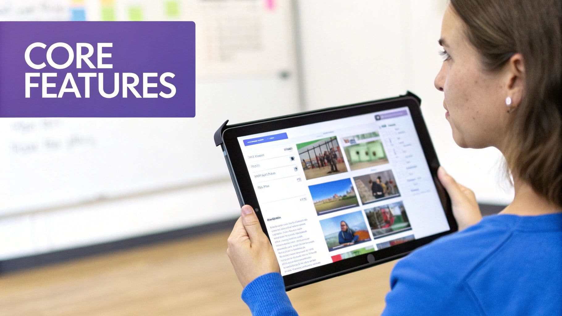A woman views core features and a content gallery on a tablet in a bright room.