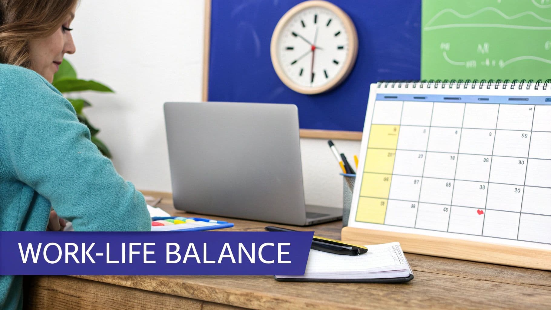 A person in a teal sweater works on a laptop at a desk with a calendar showing a red heart, illustrating work-life balance.