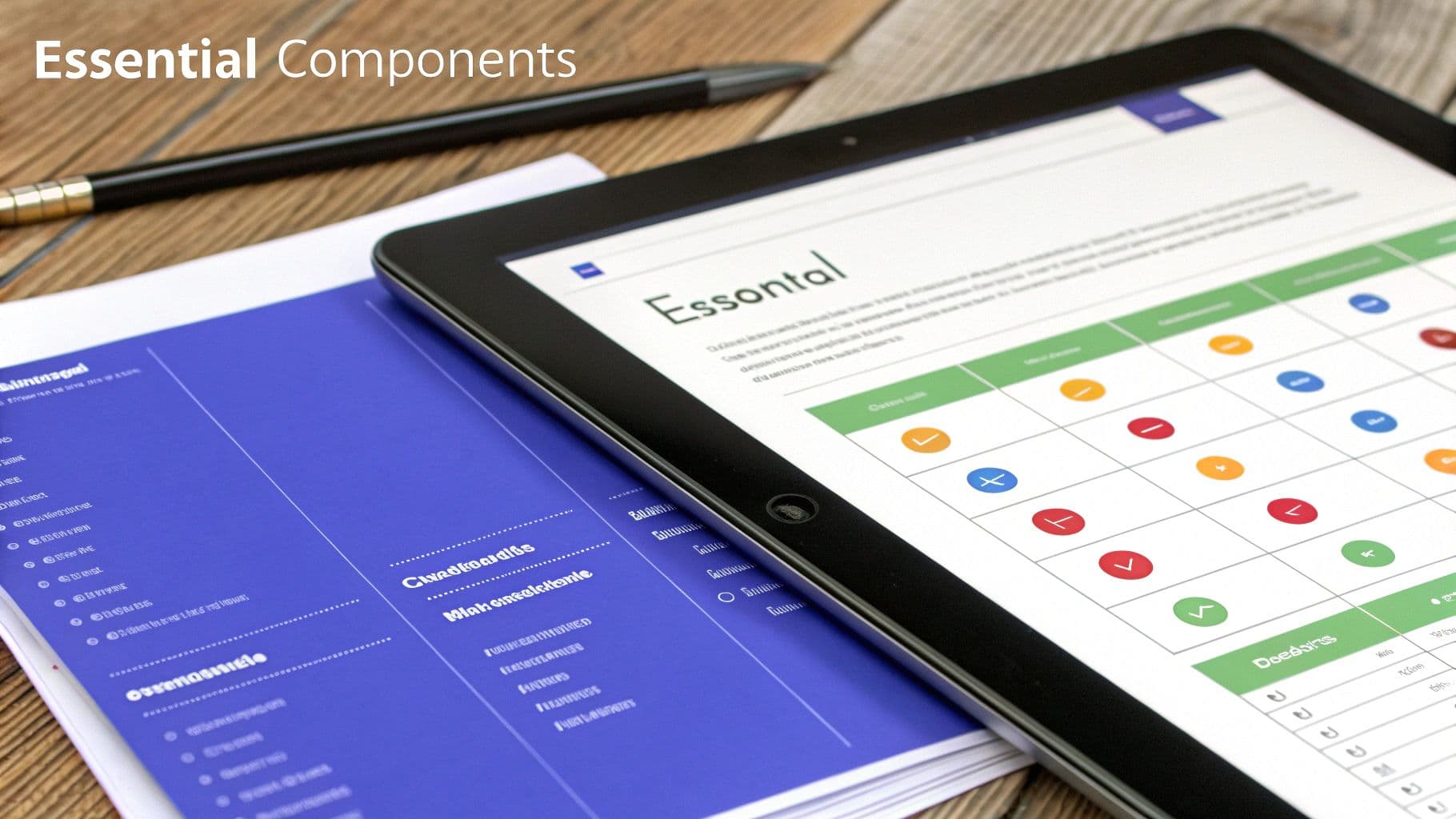 A tablet displays a grid with checks and crosses next to a blue document and a pen, titled Essential Components.