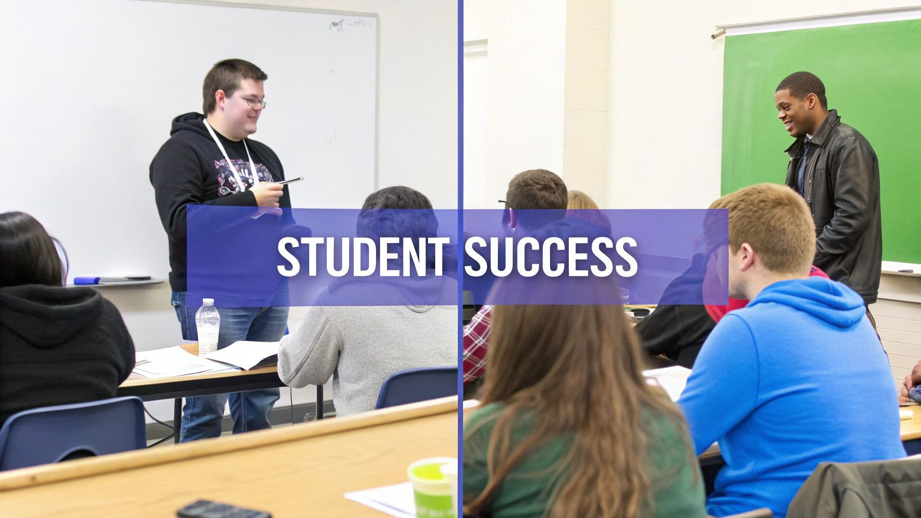 Students actively participating and learning in two different classroom settings, promoting student success.