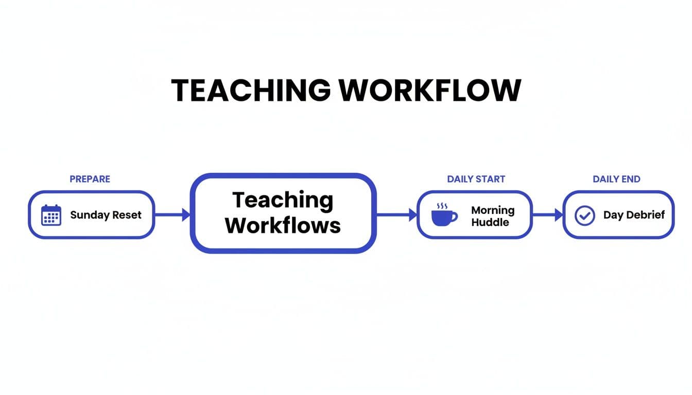 A visual flowchart outlining a teaching workflow, including Sunday reset, daily huddle, and debrief.