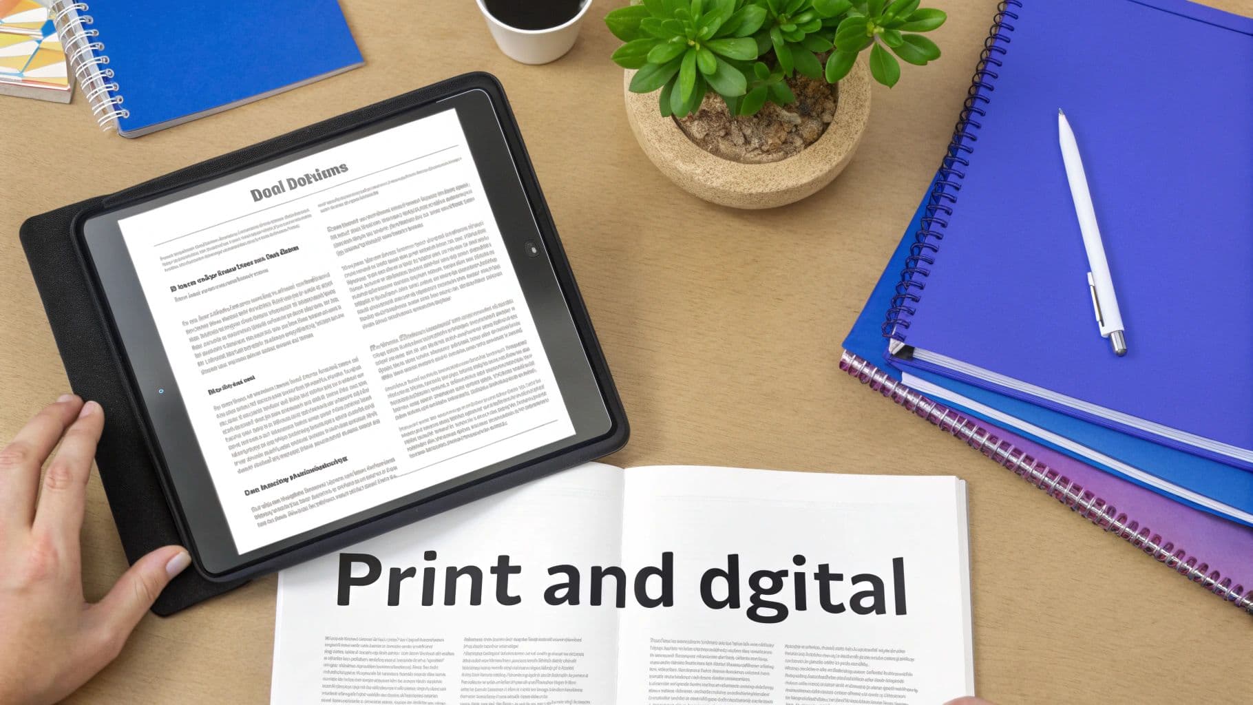 Hands holding an open book and tablet on a wooden desk with notebooks, a pen, a potted plant, and a coffee cup.