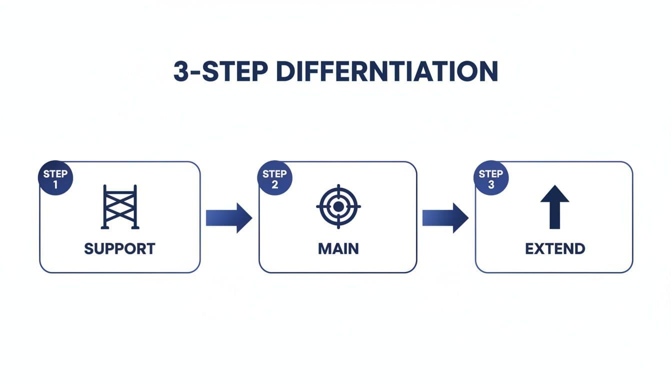 A 3-step differentiation process infographic showing support, main, and extend stages with icons.