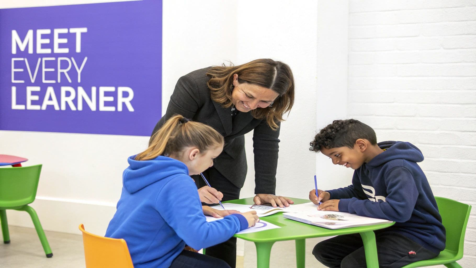 A smiling female teacher leans over two diverse children, a boy and a girl, drawing at a green table.
