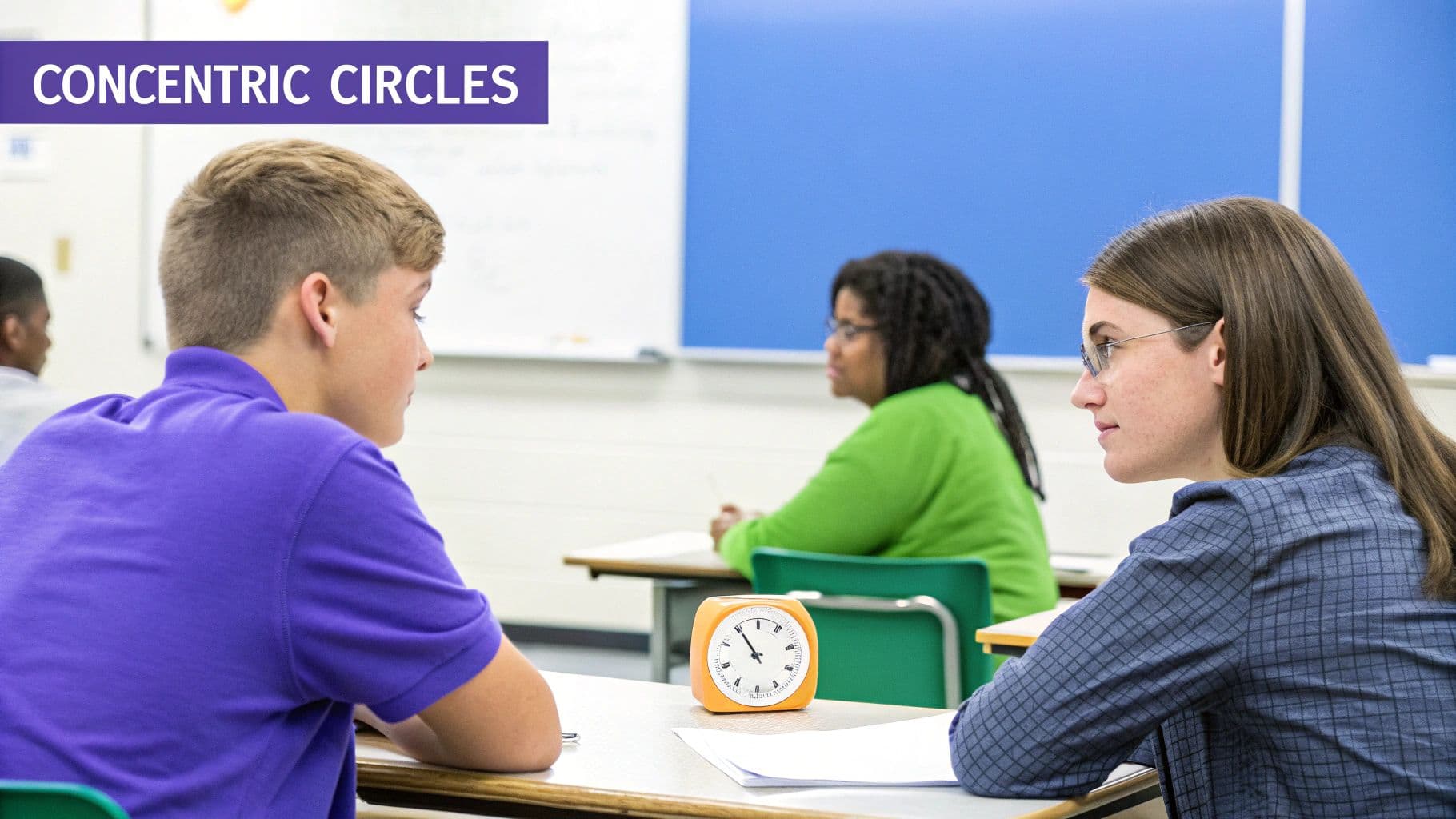 Two students and other classmates are visible in a classroom setting, with a timer on a desk.