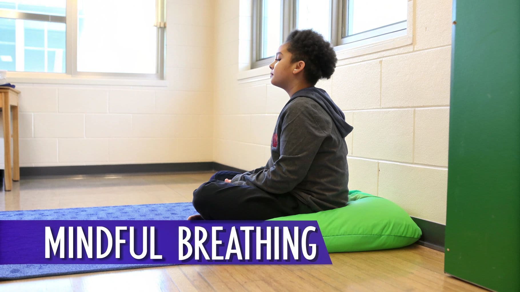 A young person with dark curly hair sits cross-legged on a blue mat, practicing mindful breathing with closed eyes.