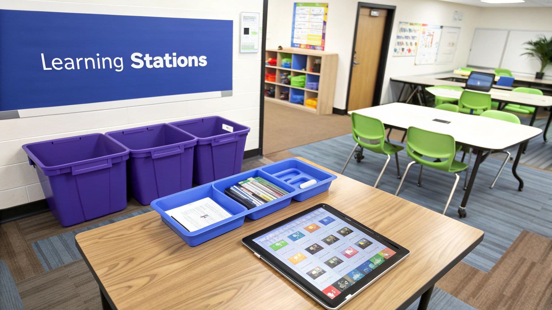 An organized classroom features a 'Learning Stations' sign, purple bins, and a tablet displaying educational content.