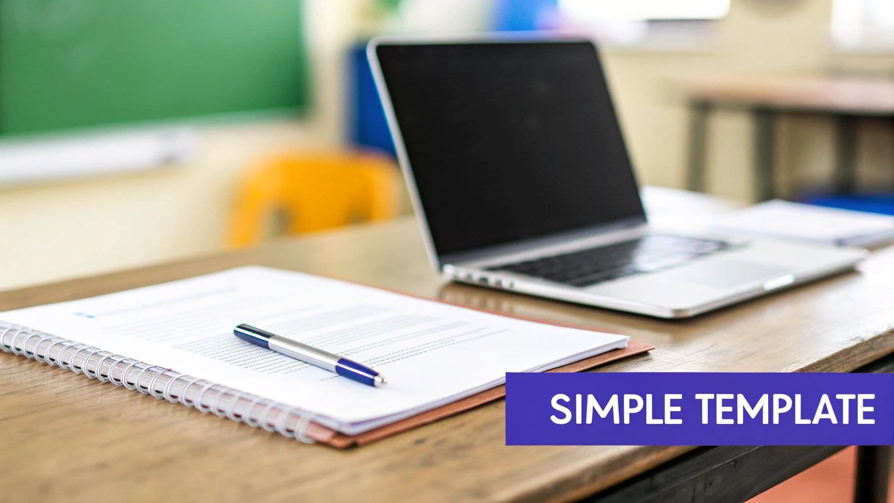 Notebook, pen, and laptop on a wooden desk in a blurred classroom setting.