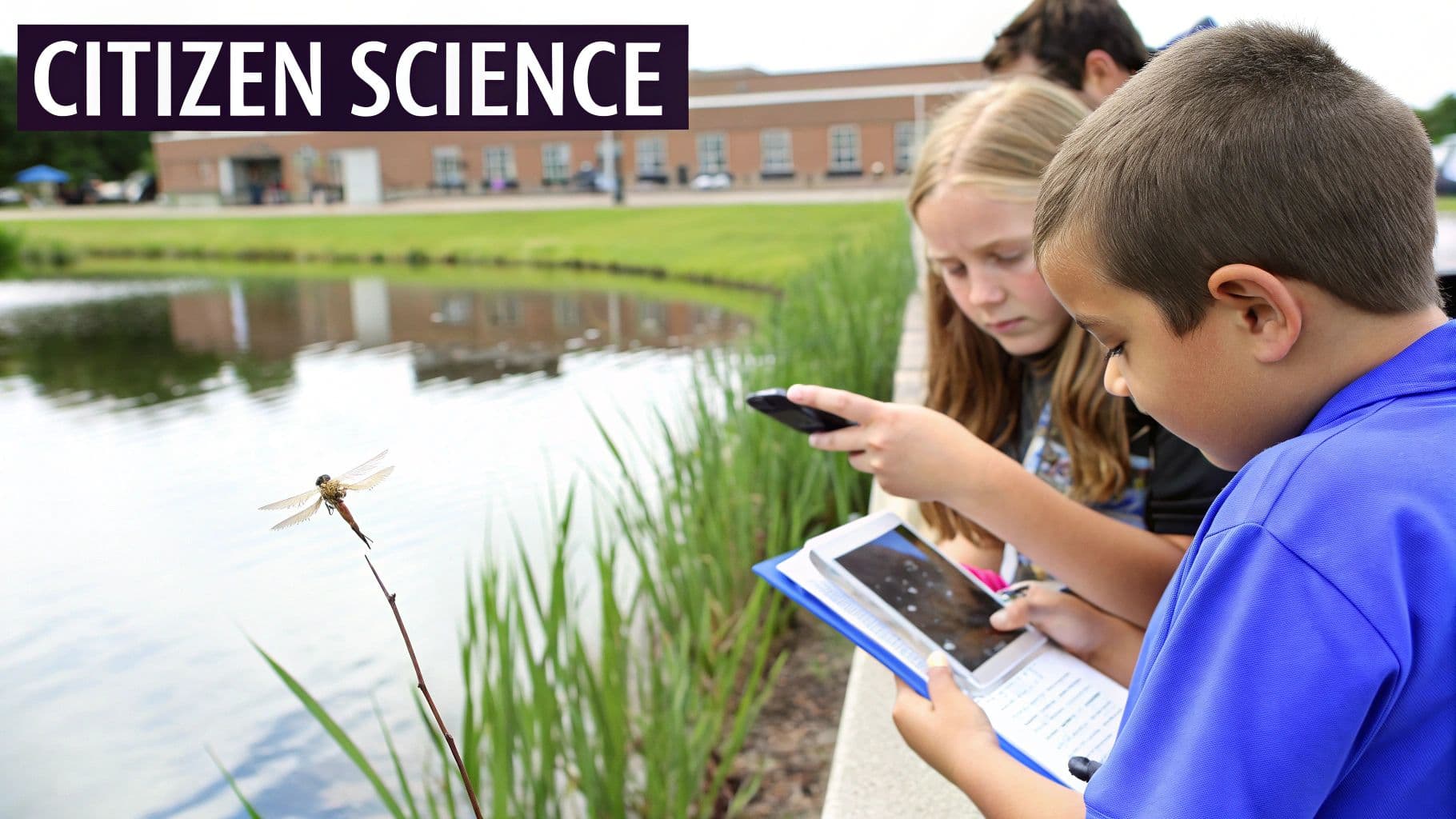 Children use tablets and phones for citizen science, observing a dragonfly near a pond.